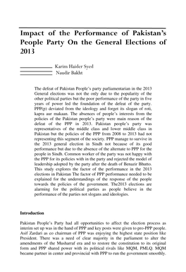 Impact of the Performance of Pakistan's People Party on The