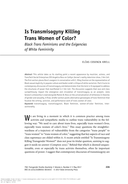 Is Transmisogyny Killing Trans Women of Color? Black Trans Feminisms and the Exigencies of White Femininity