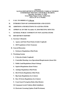 AGENDA KANSAS DEPARTMENT of WILDLIFE, PARKS & TOURISM COMMISSION MEETING and PUBLIC HEARING Thursday, December 13, 2018 Grea