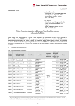 Notice Concerning Acquisition and Leasing of Trust Beneficiary Interests in Domestic Real Estate