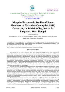 Morpho-Taxonomic Studies of Some Members of Malvales (Cronquist, 1981) Occurring in Saltlake City, North 24 Parganas, West Bengal