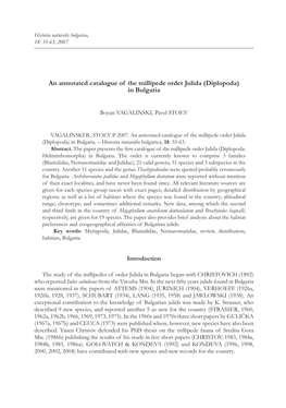 An Annotated Catalogue of the Millipede Order Julida (Diplopoda) in Bulgaria