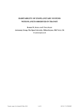 Habitability of Exoplanetary Systems with Planets Observed in Transit