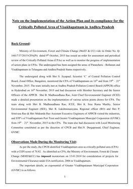 Note on the Implementation of the Action Plan and Its Compliance for the Critically Polluted Area of Visakhapatnam in Andhra Pradesh