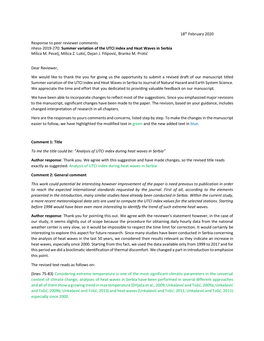 18Th February 2020 Response to Peer Reviewer Comments Nhess-2019-270: Summer Variation of the UTCI Index and Heat Waves in Serb