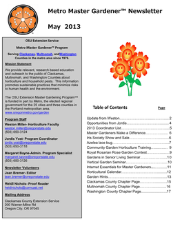 May 2013 Is Divided Into the Following Components: Welcome to Pukhraj Deol, Community and Urban Horticulture Instructor Reminders About the OSU/Metro Partnership