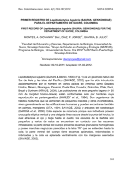 PRIMER REGISTRO DE Lepidodactylus Lugubris (SAURIA: GEKKONIDAE) PARA EL DEPARTAMENTO DE SUCRE, COLOMBIA