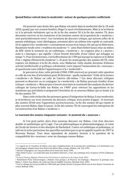 1 Quand Balzac Entrait Dans La Modernité : Autour De Quelques Points Conflictuels on Pourrait Sans Doute Dire Que Balzac Est En