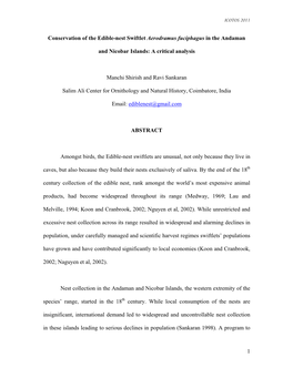 Conservation of the Edible-Nest Swiftlet Aerodramus Fuciphagus in the Andaman & Nicobar Islands: a Critical Analysis