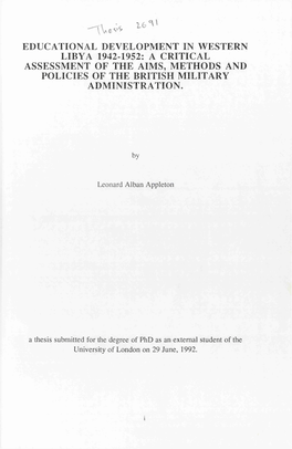 Educational Development in Western Libya 1942-1952: a Critical Assessment of the Aims, Methods and Policies of the British Military Administration