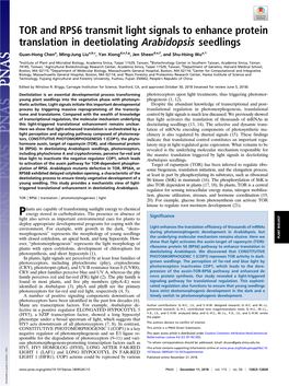 TOR and RPS6 Transmit Light Signals to Enhance Protein Translation in Deetiolating Arabidopsis Seedlings