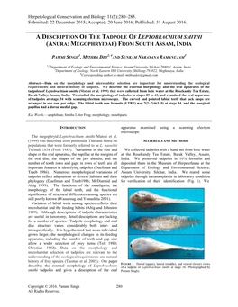 A Description of the Tadpole of Leptobrachium Smithi (Anura: Megophryidae) from South Assam, India