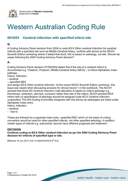 WA Coding Rule 0610/03 Cerebral Infarction with Specified Infarct Site