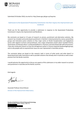 Submission to the Queensland Productivity Commission Into Their Inquiry Into Imprisonment and Recidivism