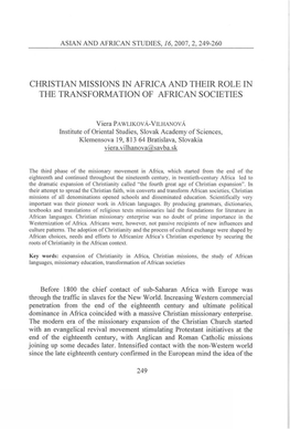 Christian Missions in Africa and Their Role in the Transformation of African Societies