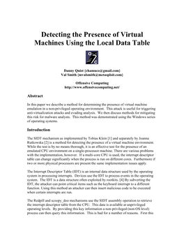 Detecting the Presence of Virtual Machines Using the Local Data Table