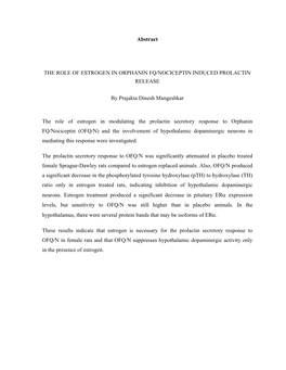 Abstract the ROLE of ESTROGEN in ORPHANIN FQ/NOCICEPTIN INDUCED PROLACTIN RELEASE by Prajakta Dinesh Mangeshkar the Role of Estr