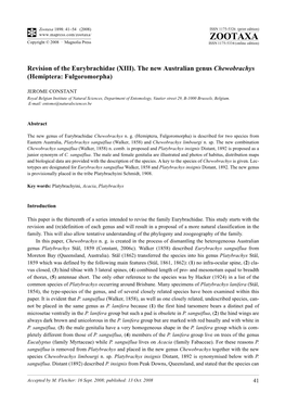 Zootaxa, Revision of the Eurybrachidae (XIII). the New