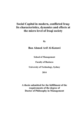 Social Capital in Modern, Conflicted Iraq: Its Characteristics, Dynamics and Effects at the Micro Level of Iraqi Society