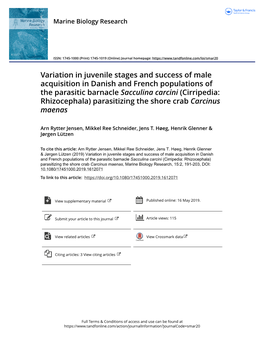 Variation in Juvenile Stages and Success of Male Acquisition in Danish and French Populations of the Parasitic Barnacle Sacculin