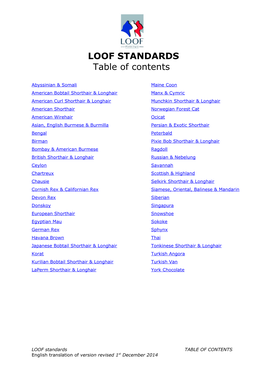 LOOF STANDARDS Table of Contents