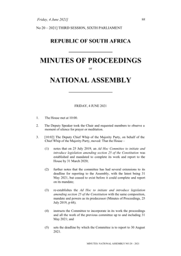 Minutes of Proceedings National Assembly