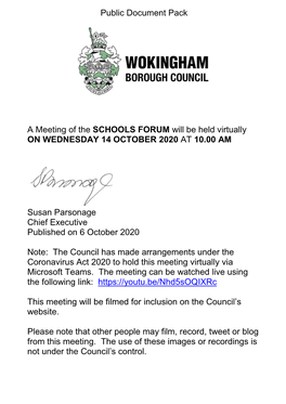 (Public Pack)Agenda Document for Schools Forum, 14/10/2020 10:00