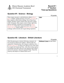 Illinois Masonic Academic Bowl Round # 1 2014 Sectional Tournament 1St Section Toss-Up Questions