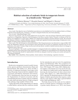 Habitat Selection of Endemic Birds in Temperate Forests in a Biodiversity “Hotspot” Roberto Moreno1*, Ricardo Zamora2 and Miguel A