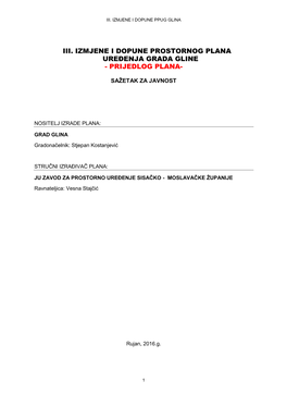 Iii. Izmjene I Dopune Prostornog Plana Uređenja Grada Gline - Prijedlog Plana