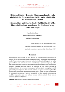 Historia, Estado Y Deporte. El Campo Del Rugby En La Ciudad De La Plata: Modelos Civilizatorios Y La Ilusión De Estar Cerca De Europa History, State and Sports