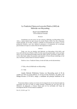 La Tradición Clásica En La Novela Phädra (1885) De Malwida Von Meysenbug ∗