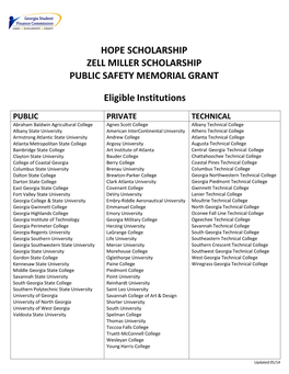 HOPE SCHOLARSHIP ZELL MILLER SCHOLARSHIP PUBLIC SAFETY MEMORIAL GRANT Eligible Institutions