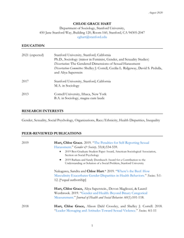 CHLOE GRACE HART Department of Sociology, Stanford University, 450 Jane Stanford Way, Building 120, Room 160, Stanford, CA 94305-2047 Cghart@Stanford.Edu