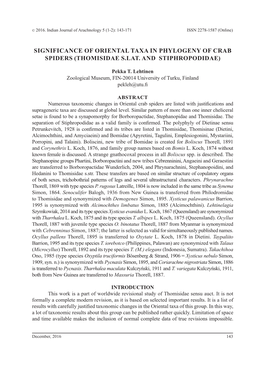 Significance of Oriental Taxa in Phylogeny of Crab Spiders (Thomisidae S.Lat
