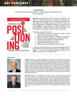 Favorite Quote: “The Solution to a Positioning Problem Is Usually Found in the Prospect’S Mind, Not in the Product.”