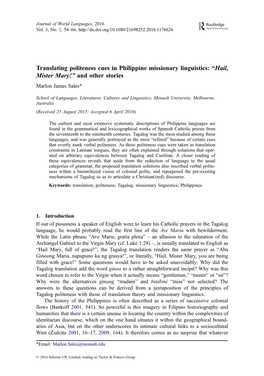 Translating Politeness Cues in Philippine Missionary Linguistics: “Hail, Mister Mary!” and Other Stories Marlon James Sales*