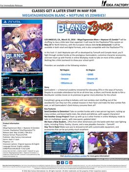 Classes Get a Later Start in May for Megatagmension Blanc + Neptune Vs Zombies!