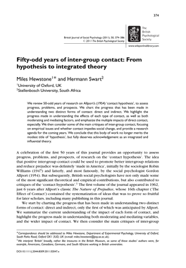 Fiftyodd Years of Intergroup Contact: from Hypothesis to Integrated Theory
