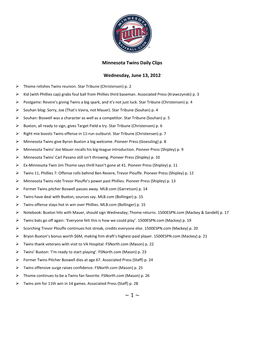 Minnesota Twins Daily Clips Wednesday, June 13, 2012