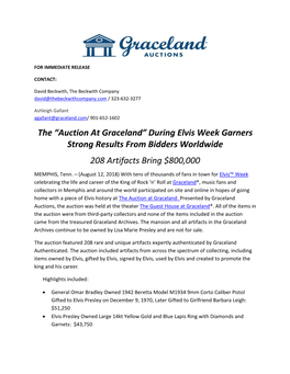 The “Auction at Graceland” During Elvis Week Garners Strong Results from Bidders Worldwide 208 Artifacts Bring $800,000