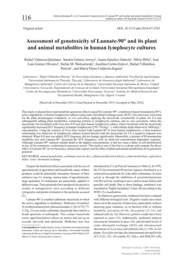 Assessment of Genotoxicity of Lannate-90® and Its Plant and Animal Metabolites in Human 116 Lymphocyte Culture Arh Hig Rada Toksikol 2016;67:116-125