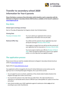 Transfer to Secondary School 2020 Information for Year 6 Parents