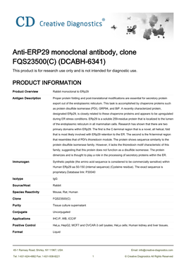 Anti-ERP29 Monoclonal Antibody, Clone FQS23500(C) (DCABH-6341) This Product Is for Research Use Only and Is Not Intended for Diagnostic Use