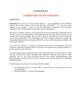 Chapter-Iii Carbohydrate Metabolism