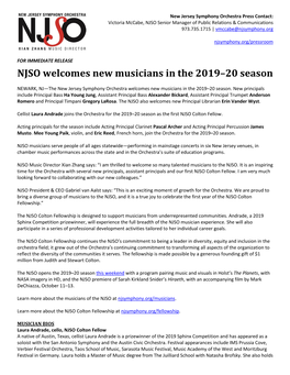 NJSO Welcomes New Musicians in the 2019–20 Season
