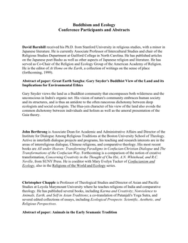 Buddhism and Ecology Conference Participants and Abstracts