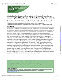 Altitudinal and Seasonal Variation in Drosophila Species on Mount Japfu of Nagaland, a Sub-Himalayan Hilly State of India