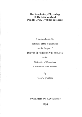 The Respiratory Physiology of the New Zealand Paddle Crab, Ovalipes Catharus