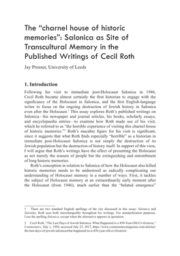 Salonica As Site of Transcultural Memory in the Published Writings of Cecil Roth Jay Prosser, University of Leeds